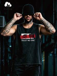 Men's Vintage Washed Sleeveless Tank Top, Simple Letter & Figure Print Design, Casual For Daily Wear And Street Fashion, Suitable For Spring/Summer - Black - View 1