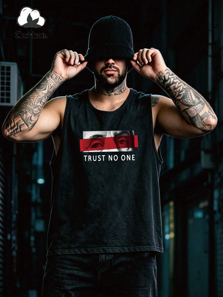 Men's Vintage Washed Sleeveless Tank Top, Simple Letter & Figure Print Design, Casual For Daily Wear And Street Fashion, Suitable For Spring/Summer - Black - View 1