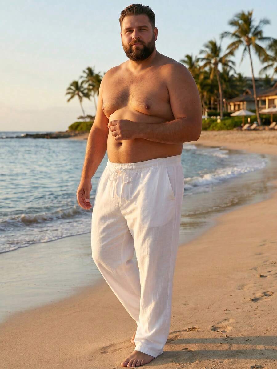 男士大尺碼 1XL-6XL 寬鬆直筒亞麻休閒長褲,夏威夷度假風海灘長褲 - 白色 - 查看 1