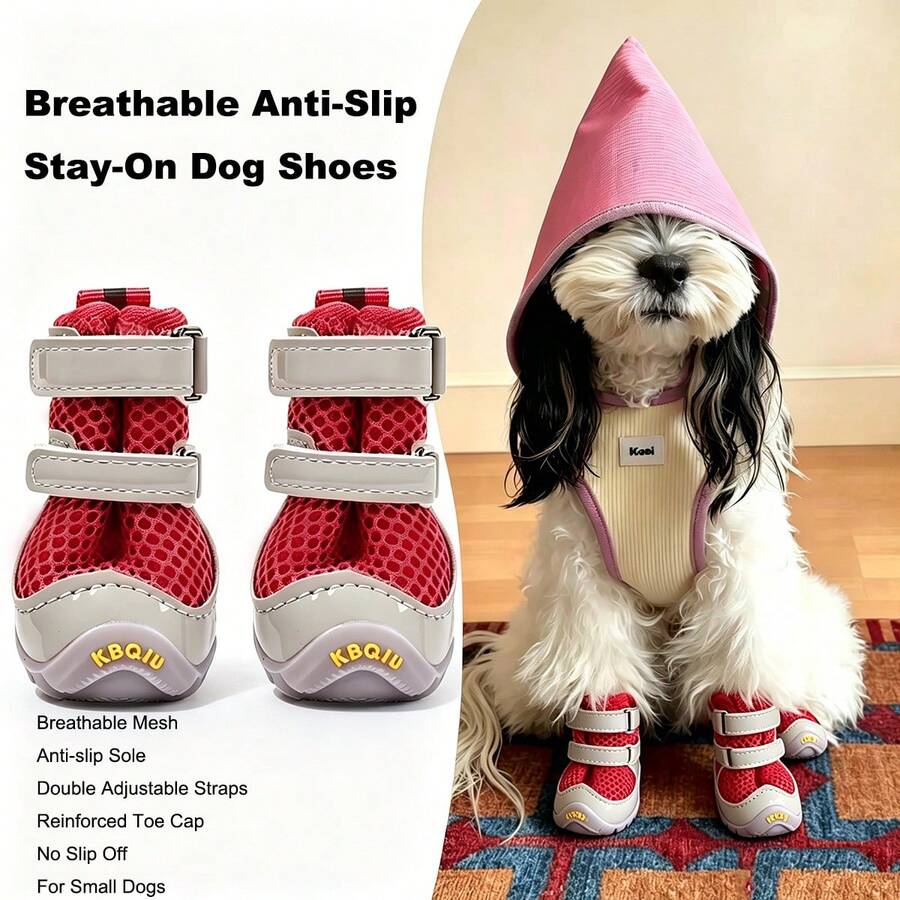 魔鬼氈狗鞋,戶外防滑網布寵物靴,適用於泰迪、博美及小型犬品種 - 紅色 - 查看 1
