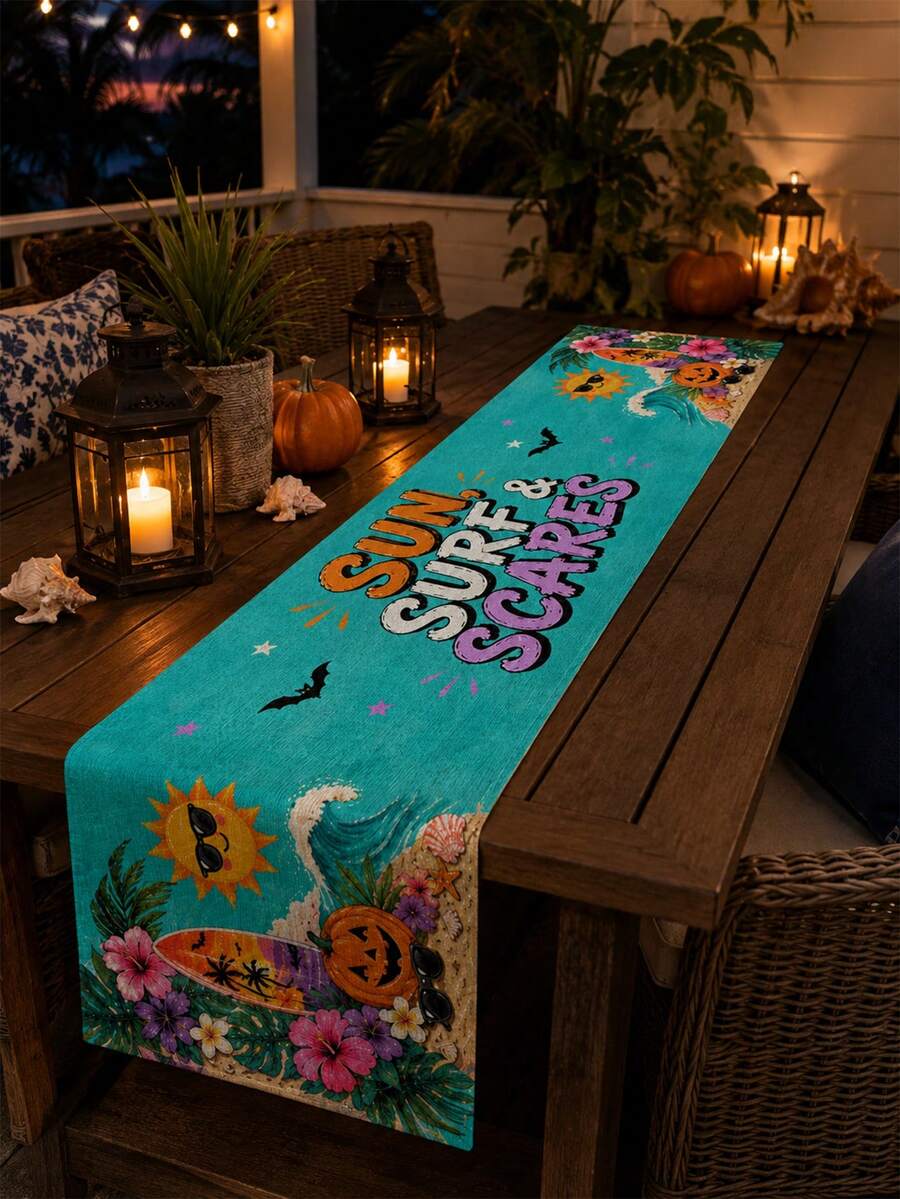 1件裝 Sun Surf & Scares 海灘萬聖節桌旗，沿海熱帶風亞麻長方形桌布，印有南瓜、棕櫚葉、貝殼、蝙蝠圖案，適用廚房裝飾、居家裝飾、房間裝飾、婚禮裝飾、節日派對、夏季、秋季 - 彩色 - 查看 1