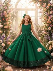 Gaun Pesta Elegan Tanpa Lengan Berpayet dan Pita dari Satin Jala untuk Anak Perempuan Remaja, Bando Tidak Termasuk - Dark Green - View 3