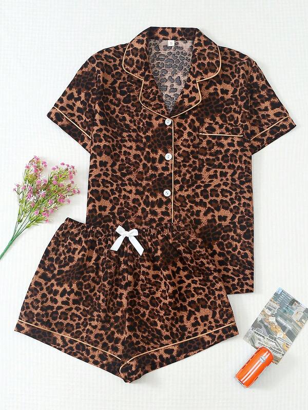 2pcs/Set Comfortable Leopard Print Short Sleeve Pocket Collar Top And Bow Shorts Women's Pajama Set Loungewear