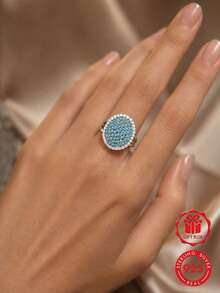 1pc 925 Sterling Silver Ring, Inlaid With Ocean Blue Synthetic Zirconia, Perfect For Daily Wear And Anniversary Gift, Comes With Gift Box. - Silver - View 6