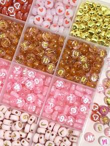 300/840pcs Pink, Red, White Multi-Color Golden Letter Beads And Heart-Shaped Acrylic Beads Combination Set - Jewelry Making Kit - Suitable For Jewelry Making DIY, Handmade Bracelets, Necklaces Craft Supplies - Pink - View 4