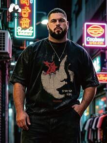 Plus Size Men's Casual Round Neck Summer T-Shirt With Ghostly Star Silhouette And Face Print - Black - View 1