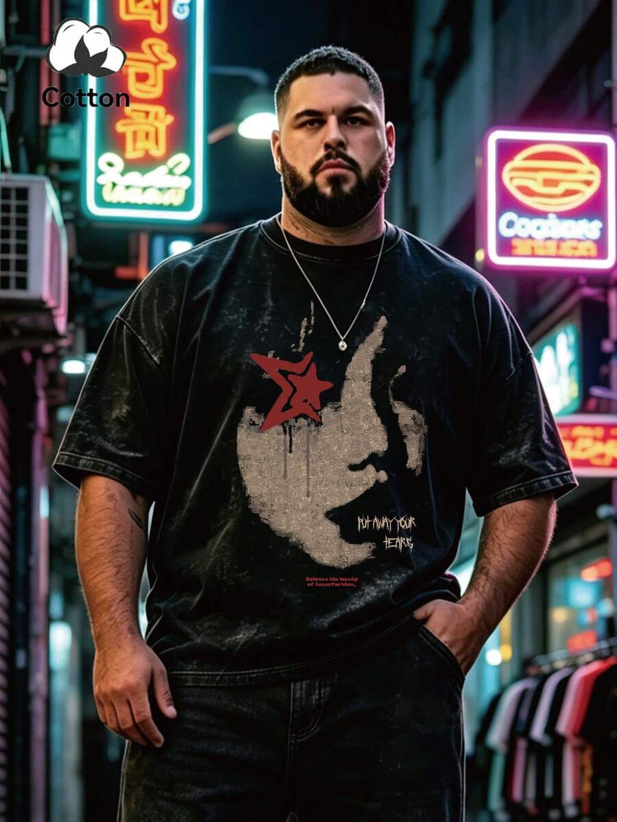 Plus Size Men's Casual Round Neck Summer T-Shirt With Ghostly Star Silhouette And Face Print - Black - View 1