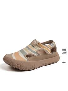 Women's New Vintage Colorblock Mesh Rainbow Striped Knit Closed-Toe Sandals, Soft Elastic Shock-Absorbing Casual Beach Shoes, Sneakers For Women - Khaki - View 8
