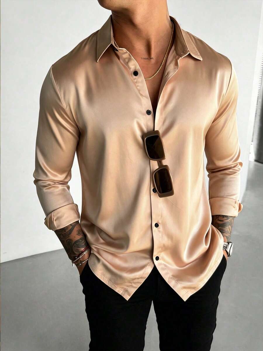 WAIT HIM Men's Satin Long Sleeve Shirt For Ball, Wedding - Gold - View 1