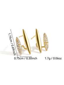 Charm-In 18K Gold Plated Brass Double Oval Stud Earrings With CZ Rhinestone Back Drop Geometric Earrings, Women's Daily Jewelry - Gold 2 - View 4