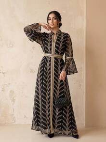 Hafizah 刺繡喇叭袖套頭優雅長洋裝 V領網紗女款洋裝 - 黑色 - 查看 2