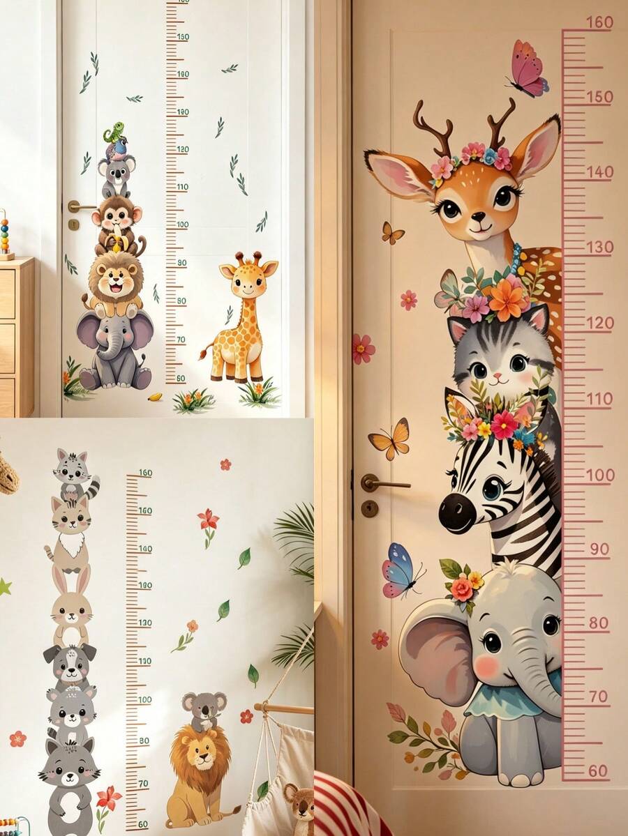 Gráfico de Altura de Animales Dibujos Animados Animales Lindos Apilados Alto Elefante León Jirafa Pegatina de Pared Decoración de Habitación Infantil Bebé Dormitorio Guardería Sala de Estar Decoración del Hogar Calcomanía de Pared - Multicolor - Ver 1