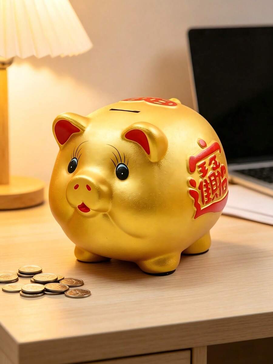 1 Piece Piggy Bank With Three-Dimensional Auspicious Printed Characters Of "Attracting Wealth And Treasures", Available In Various Sizes. It Functions As Both A Coin Storage Container And Symbolizes Accumulating Wealth And Good Fortune - A - View 1
