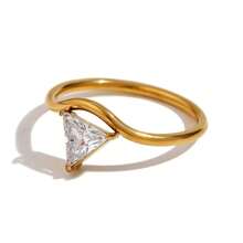 1pc 18K Gold Plated CZ Wavy Ring For Women, Elegant Pear Round Triangle Cubic Zirconia Curved Solitaire Ring, Chic Finger Jewelry - Gold - View 16