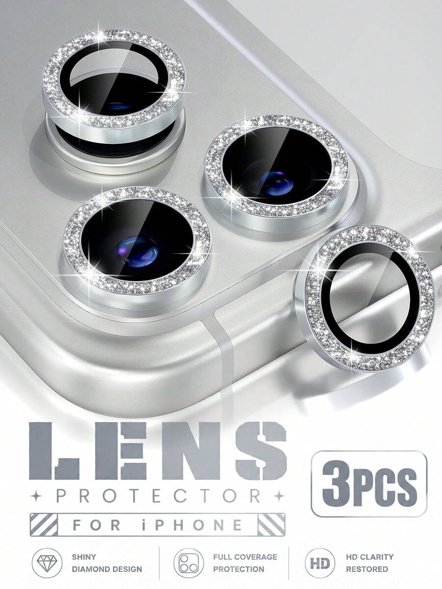 3pcs (Bright Silver) Camera Lens Protector Film For IPhone 17 Pro/ 17 Pro Max, Compatible With 16 Pro Max 16 Pro 16 16 Plus 15 Pro Max 15 15 Pro 15 Plus 14 13 12 11 Pro Max Lens Protector Case, 9H Tempered Glass Camera Cover Screen Protector Film Metal Ring Decorative Accessory, Suitable For Phone Case