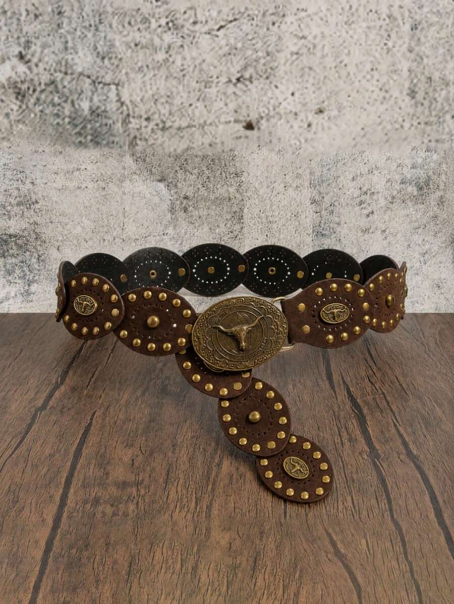 1pc BOHO Girls Waist Belt, BOHO Belts, Rodeo, Western Belts, Belts For Girl, Y2k Belt, Y2k Accessories, Street Punk Bull Head Metal Rivet Oval Patchwork Beige Belt, Match With Skirts, Pants, Sweaters, Shirts, Coats, Parties, Music Festivals - Brown - View 1