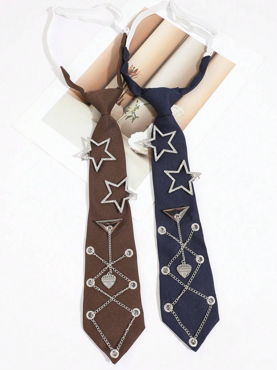 1 pièce Cravate sans nœud en forme d'étoile avec strass pour femme, décoration de chaîne en métal en forme de cœur, cravate d'uniforme JK, accessoire de chemise rétro doux et cool - Multicolore - Voir 1