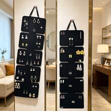 2pcs - 5-Panel Long Wall-Mounted Earring Storage Board, Dense Multi-Hole Design, Can Store Stud Earrings, Long Tassel Earrings, Pearl Hoops, Metal Jewelry And Other Types Of Jewelry, Can Be Hung Next To Makeup Mirror, Inside Wardrobe, Bedroom Wall - Black - View 5
