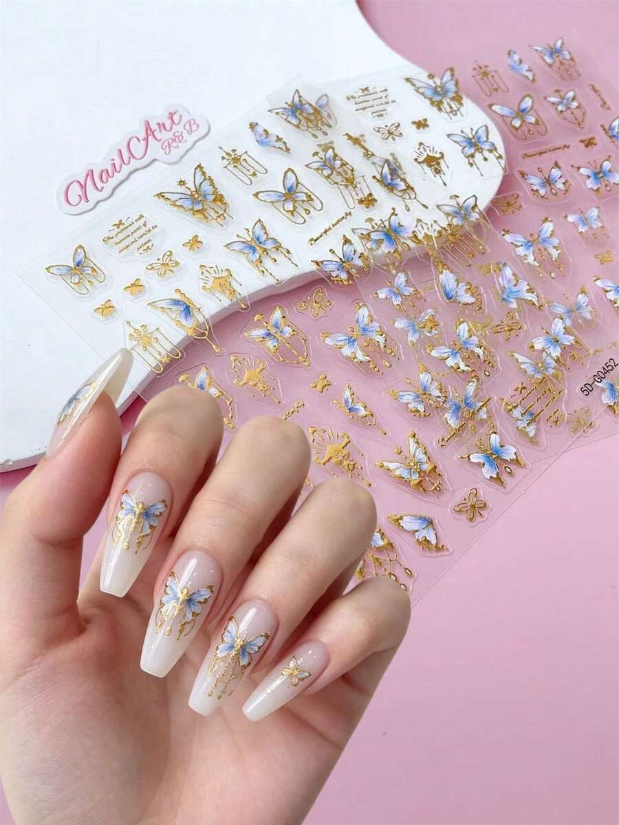2pcs 5D Embossed 3D Nail Art Stickers, DIY Nail Decoration, Blue Purple Gradient Butterfly With Gold Foil English Letter Pattern, Suitable For Vintage Palace And Gentle Fairy Style Nail Art - Multicolor - View 1