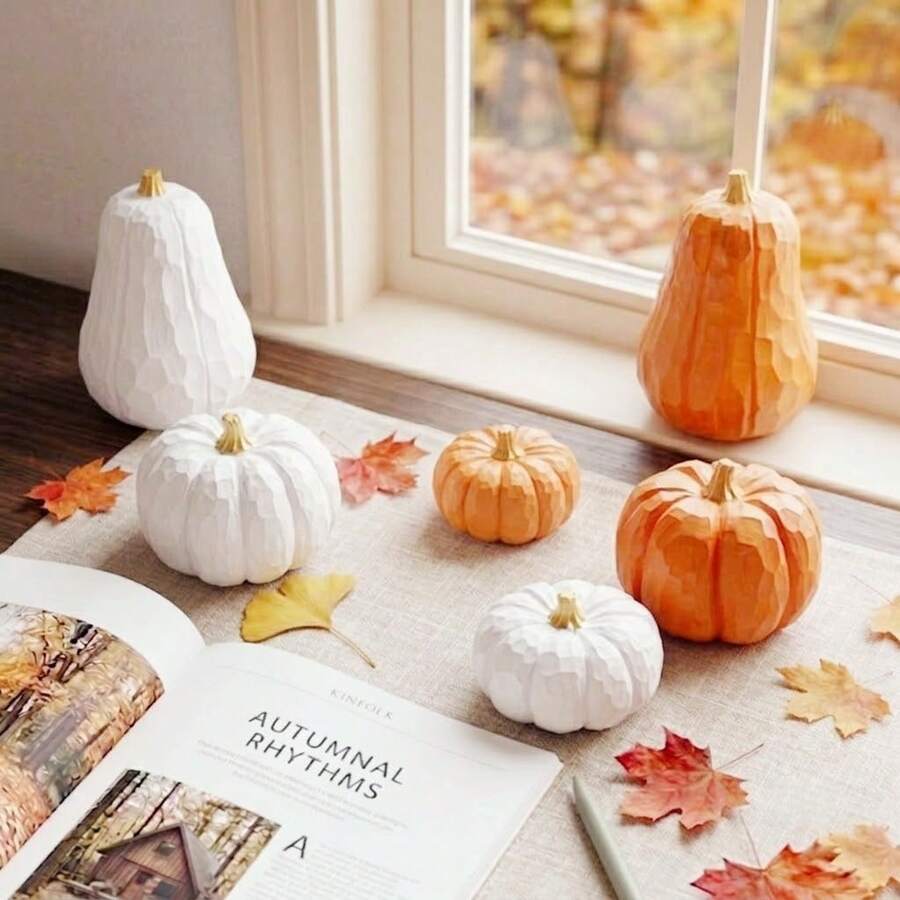3pcs/Set Resin Pumpkin Decor - Modern Geometric Autumn Sculpture, Suitable For Home, Office And Thanksgiving Celebration - Three-layer Pumpkin - White - View 1