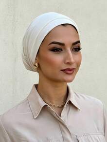 2pcs Solid Color Women's Classic 2in1 Instant Turban Headwrap Hat, High Elasticity Full Pleated Cap & Non-Slip Pleated Headband, Multi-Layer Pleated Design To Shape Head, Premium Knit Jersey Fabric, Sweat-Absorbent And Breathable, Suitable For Muslim Daily Life And Travel Gatherings - White - View 3
