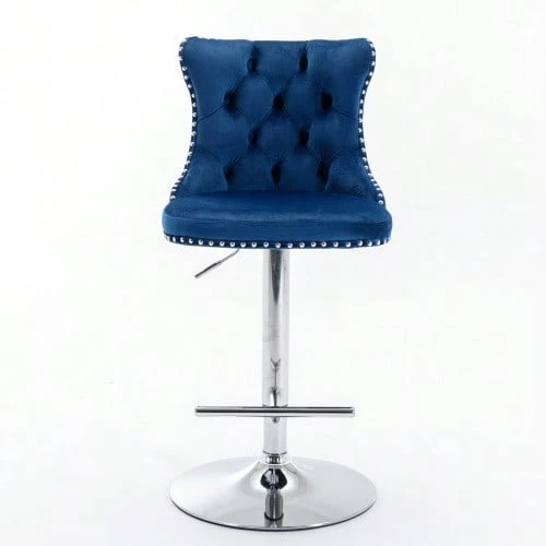 Snurrbara barstolar i sammet, justerbar sitthöjd från 63,5 till 84 cm, kromad bas, med bekvämt vadderat ryggstöd, perfekt för hemmet, puben eller köksön. Set om 2, DE1712GY, grå. - Blå - Visa 1