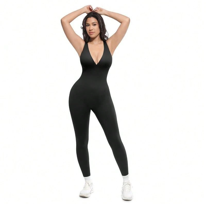 Seamless Compression Athletic Jumpsuit, Sleeveless V-Neck Full Length Workout Bodysuit For Gym Running - Black - View 1
