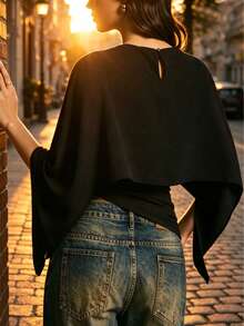 2026 Summer Women's Sexy Off-Shoulder Asymmetric Draped Sleeve Chiffon Cropped Top, Suitable For Party, Date, Vacation - Black - View 2