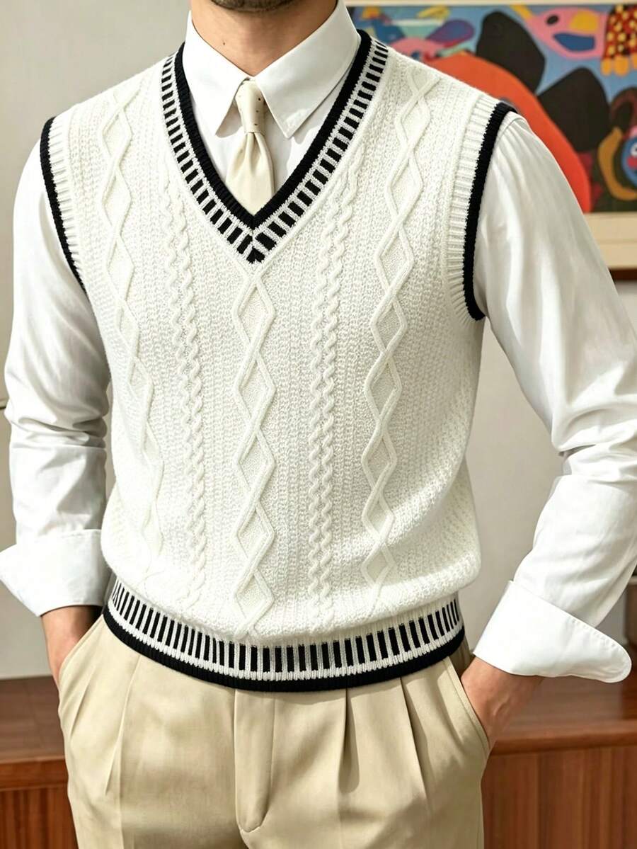 Rompi Rajut Berlian Gaya Retro Jepang, Atasan Tanpa Lengan Leher V dengan Trim Kontras Hitam & Putih Serbaguna - Putih - View 1