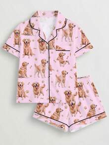 2pcs Women Pajama Set, Dog Print, Ladies Homewear, Spring/Summer Holiday Outfit, Short Sleeve Lapel Top And Shorts Lounge Wear - Pink - View 1