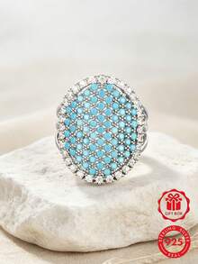 1pc 925 Sterling Silver Ring, Inlaid With Ocean Blue Synthetic Zirconia, Perfect For Daily Wear And Anniversary Gift, Comes With Gift Box. - Silver - View 7