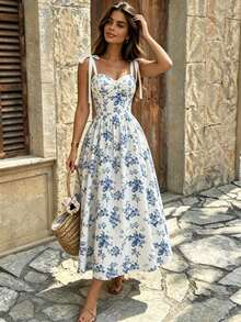 Este elegante vestido midi presenta un romántico estampado floral, escote halter con lazo, escote corazón, cintura ajustada y falda amplia. Perfecto para primavera, verano - Azul - Ver 2