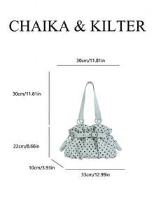 CHAIKA & KILTER 1件裝拼色PU布料托特包，女款時尚肩背托特包，滿版圓點圖案，雙手把設計，拉鍊開合，飾帶裝飾，適合日常與街頭使用 - 綠色 - 查看 3