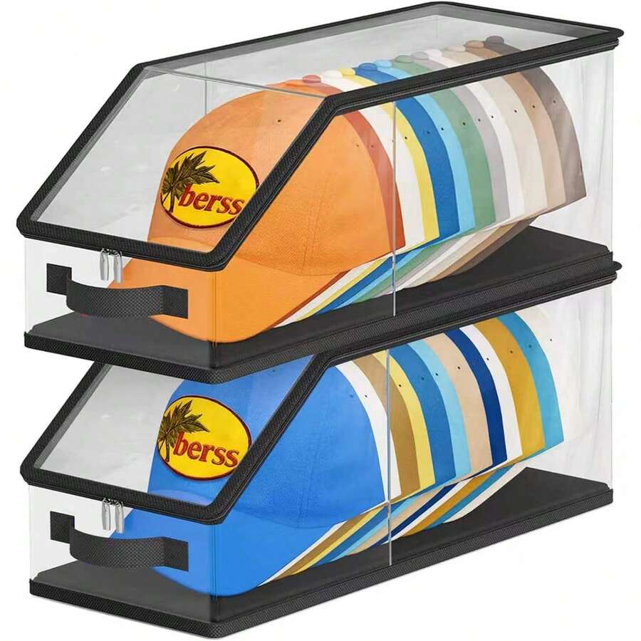 1/2pcs Large Capacity Baseball Cap Storage Display Box, Organizer, Foldable, Stackable, Fully Transparent Design, Zipper Closure, Easy Access, Suitable For Home Storage, Store Display, Celebrity Style Display Collection Organizer, Holiday Gift - View 1