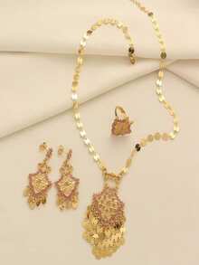1 Set Gorgeous Copper Alloy Round Disc Tassel Emerald Blue White Pink Rhinestone Inlaid Necklace Earrings Ring Jewelry Set Suitable For Women Daily Wear Holiday Gift - Baby Pink - View 4