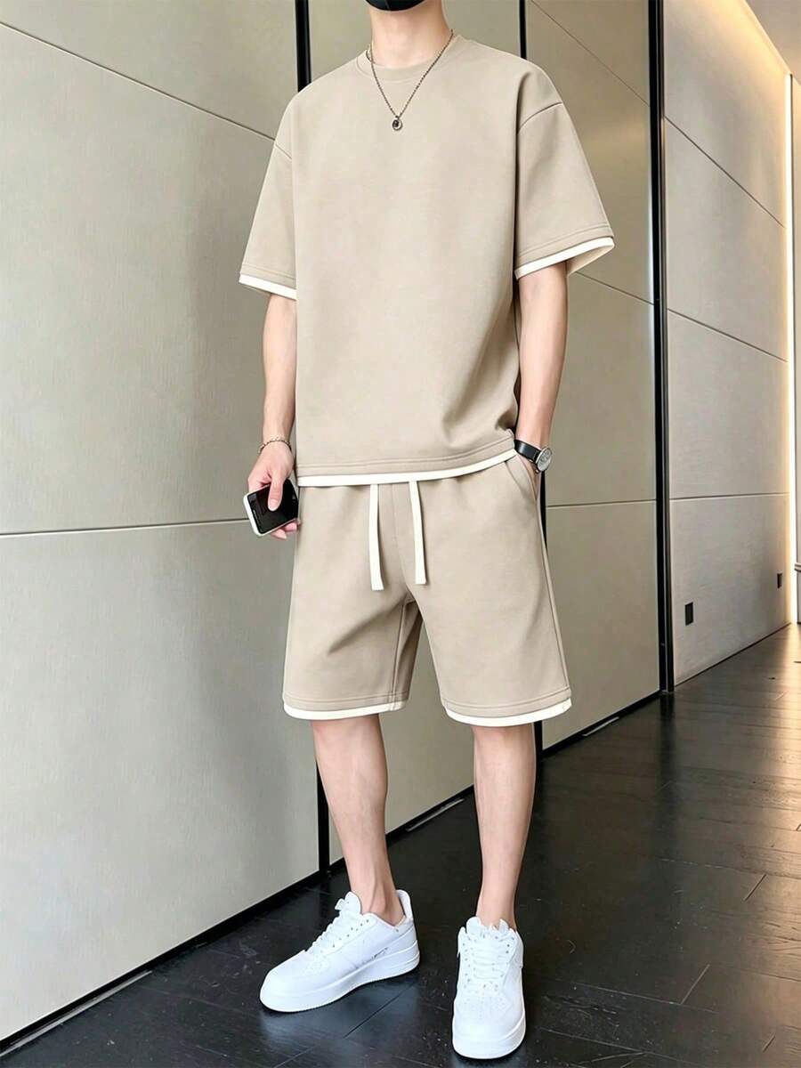 Men's Summer Contrast Color Round Neck Drop Shoulder Loose Casual T-Shirt And Drawstring Waist Shorts Set