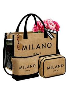 女款「MILANO」藝術字母圖案沙灘托特包套組，時尚可折疊沙灘包，適合游泳與海邊旅行，亦可作為女款單肩包、超市購物袋或多功能收納袋，芭蕾風通勤手提包，適合送給女性、母親、老師、朋友、伴娘、學生，開學季禮物 - 彩色 - 查看 12