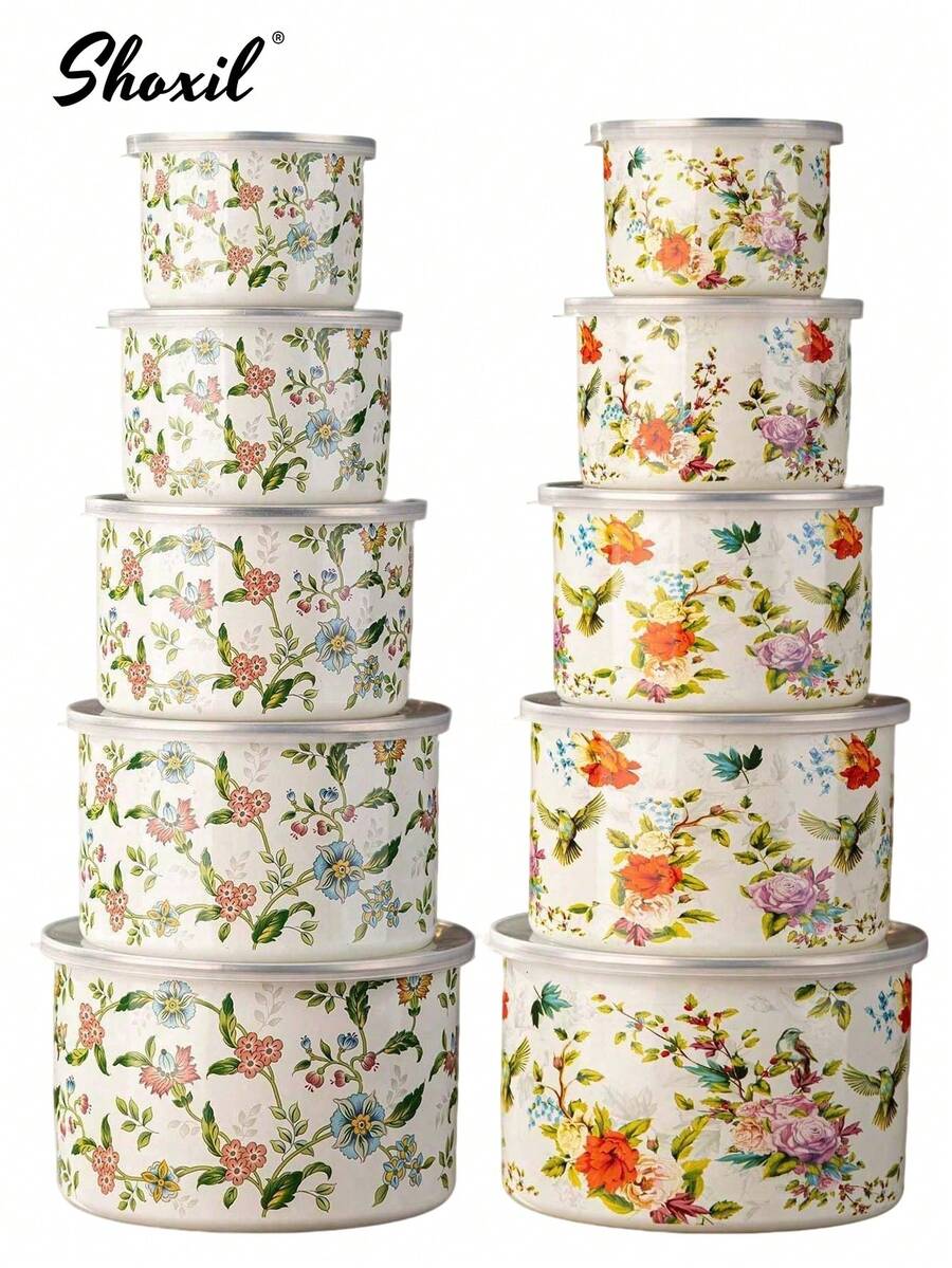 shoxil 5-Piece Nested Storage Bowl Set With Lids, Mixing Bowl Set, Floral Print Enamel Ice Cream Salad Vegetable Prep Bowls, Metal Prep Bowls, Suitable For Baking, Preparing, Cooking And Serving Food - Bowl - View 1