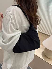 女款極簡百搭小眾韓風溫柔褶皺純色腋下肩背包 2026 - 黑色 - 查看 4