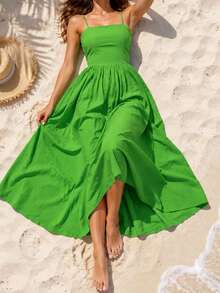 Robe fluide vert forêt à bretelles spaghetti et dos nu pour femmes, robe élégante pour vacances d'été, plage, resort, fête de vacances et festival - Vert - Voir 4