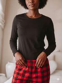 01 Pijama Feminino Xadrez (Preto/Vermelho) – Tecido Leve para Meia-Estação - Vermelho - Visão 12