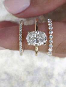 3 PiecesUnique Oval Cut Cubic Zirconia Ring, Promise Ring, Eternity Ring And Regular Ring Set, Jewelry Gift - Multicolor - View 3