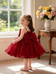 Baby Girls Spaghetti Strap Bow Organza Cute Flower Girl Princess Dress, Suitable For 1st Birthday Party, Headband Not Included - 酒紅色 - 查看 4