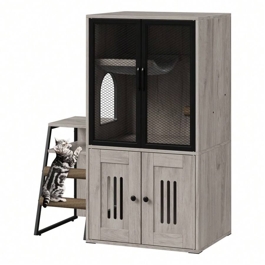 Soonbuy Cat Litter Box Enclosure Furniture,Hidden Litter Box Furniture With Shelf&Ladder,Double Litter Box Cabinet For Large Cats,Easy To Clean - Grey - View 1