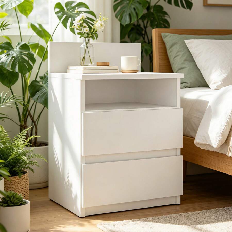 2件組白色無把手床頭櫃 40*32*59cm,省空間極簡風床頭櫃,附開放式頂部收納格與2個隱藏抽屜,小公寓雙人臥室適用的緊湊床邊收納櫃 - 白色 - 查看 1