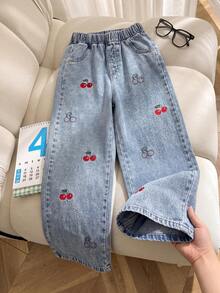 1件青少年女孩櫻桃刺繡鬆緊腰寬腿牛仔褲，寬鬆休閒牛仔長褲，時尚百搭 - 淺色水洗藍 - 查看 2