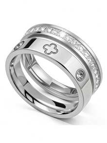 1pc Luxury Stainless Steel Clover Couple Ring With Inlaid Diamonds, Elegant Jewelry For Wedding And Daily Wear - Gold - View 7
