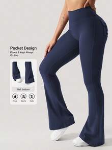 YEOREO Flare Leggings With Pockets For Women Butt Lifting Gym Yoga Leggings Winter Leggings 31.5"Black Leggings No Front Seam Flare Leggings - 海軍藍 - 查看 2