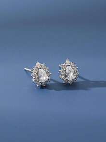 1 par de pendientes de botón de plata de ley S925 minimalistas, elegantes y versátiles, con forma de pequeña lágrima, para mujer - gotas de agua - Ver 3