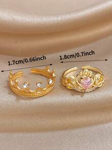 1Pc/Set Luxuy Sweet Gold Plated Round Zirconia Heart Crown Rings Set, Gold Jewelry Gift, For Daily Party Birthday Valentine's Day, Boho/Y2K Accessories - Multicolor - View 4